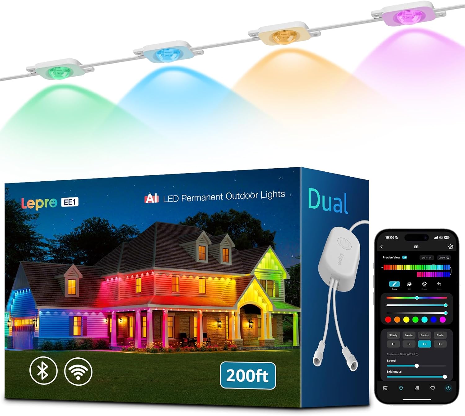 Lepro EE1 AI outdoor LED lights with 120 RGB+IC, waterproof eave lights, WiFi and Bluetooth control, suitable for holiday house decor.