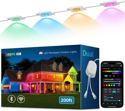 Lepro EE1 AI outdoor LED lights with 120 RGB+IC, waterproof eave lights, WiFi and Bluetooth control, suitable for holiday house decor.