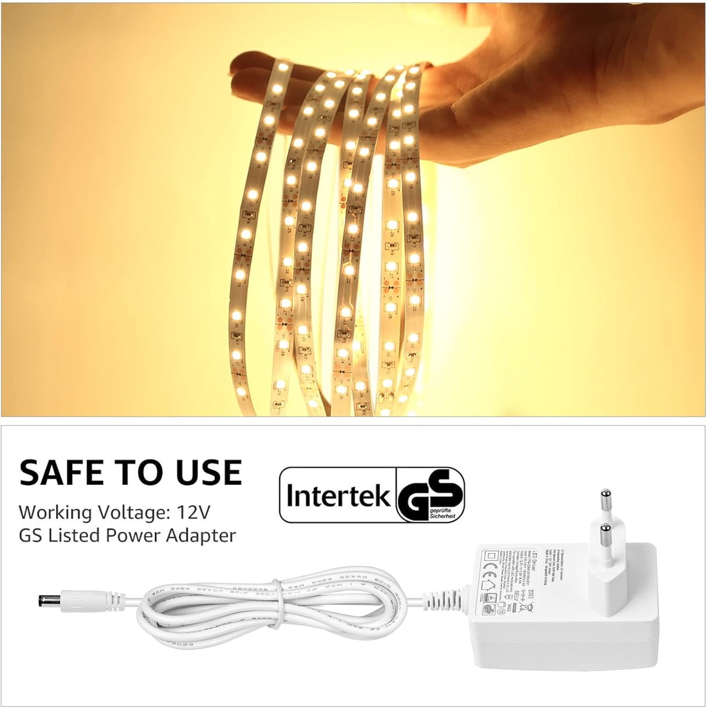 LE LED Strip Lights, 16.4ft 12V Dimmable and Flexible Strip Lights, 3000K Warm White, 300 Units 2835SMD Tape Light for Home, Kitchen, Bedroom, Car and More, Non Waterproof, Power Adapter Included