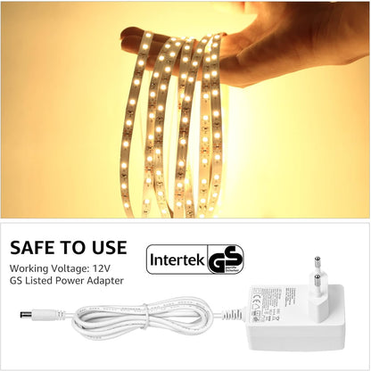 LE LED Strip Lights, 16.4ft 12V Dimmable and Flexible Strip Lights, 3000K Warm White, 300 Units 2835SMD Tape Light for Home, Kitchen, Bedroom, Car and More, Non Waterproof, Power Adapter Included