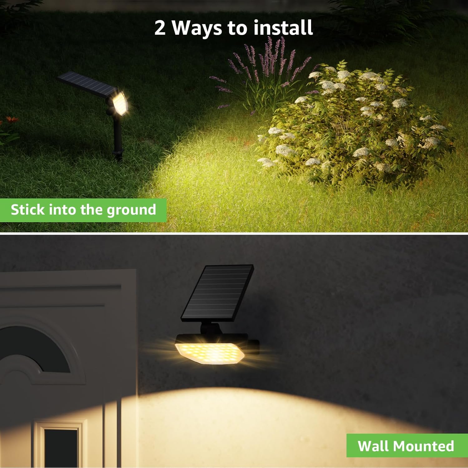 Lepro outdoor solar spotlight with 43 LEDs, warm white 3000K, waterproof IP65, dusk-to-dawn auto on/off for garden and pathway lighting.