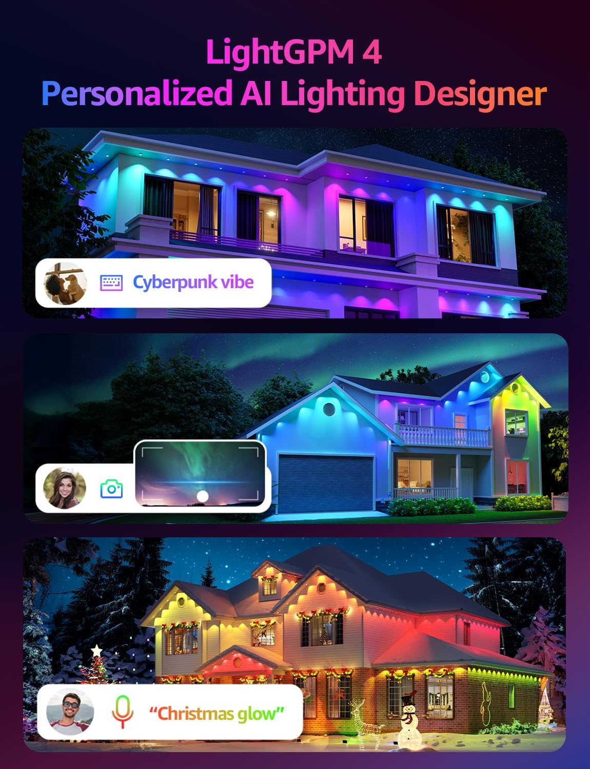 Lepro EE1 AI Permanent Outdoor Lights APP Control, 300ft 180 RGB+IC LED & Dual Output, Works with Alexa & Google, Waterproof Eave Light for Christmas, Halloween, House Decor, 2.4GHz WiFi/Bluetooth