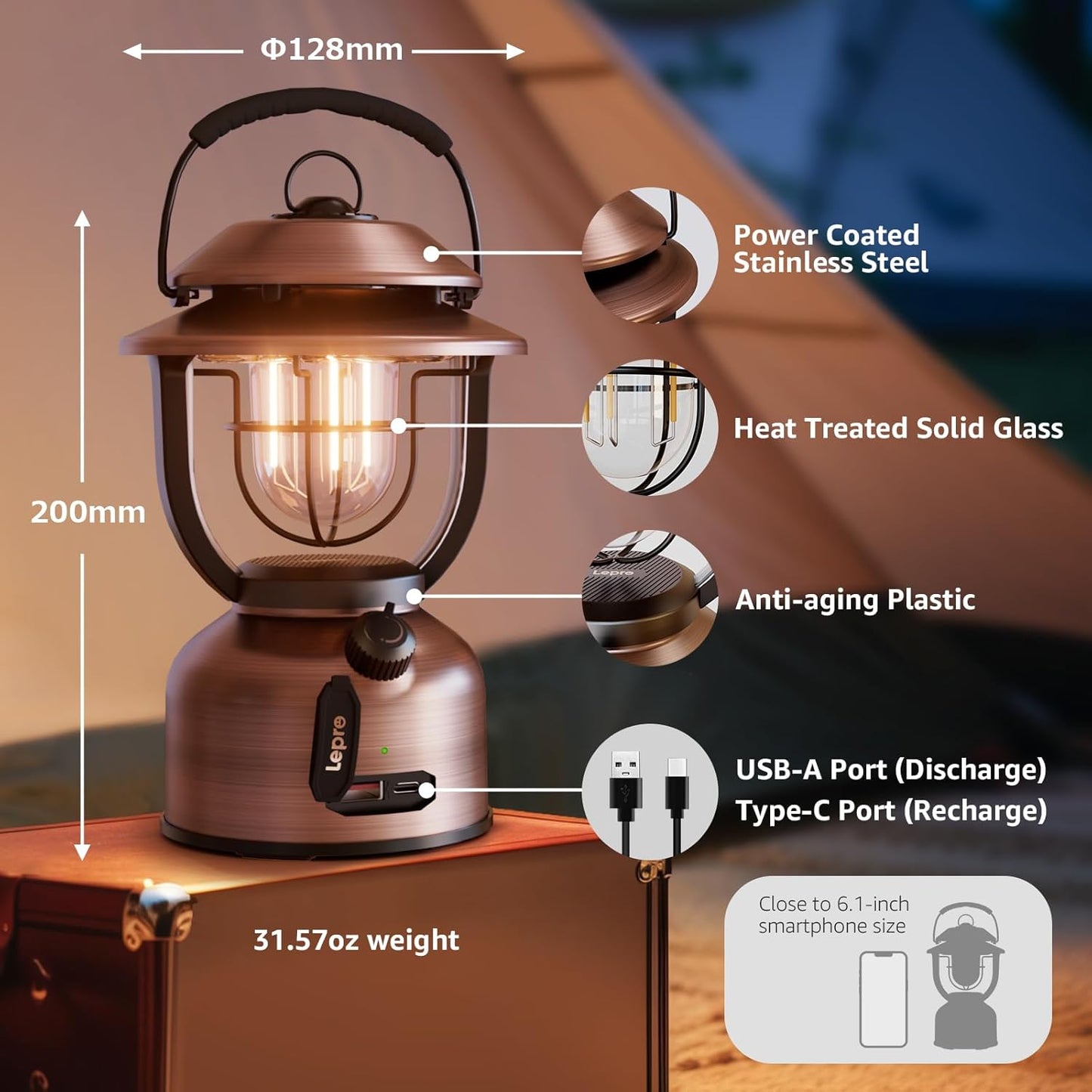 Lepro LED Lantern Vintage, USB Rechargeable Emergency Light for Power Outage, 1000 Lumens, 45H Long Battery Life, IPX4 Water Resistance, Camping Lantern Phone Charger for Hiking, Fishing, Hurricane