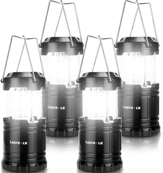 Lepro LED Camping Lantern Battery Powered, Super Bright, Collapsible, IPX4 Water Resistant, Outdoor Portable Lights for Emergency, Hurricane, Storms, Outages, 4-Pack