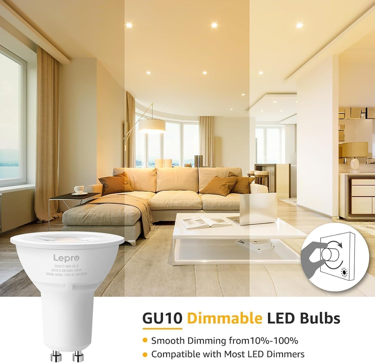 Lepro Dimmable GU10 Light Bulbs, 3000K Soft Warm Light GU10 LED Bulbs, 5.5W(50W Halogen Equivalent) PAR16 LED Spotlight Bulb, Track Lighting Bulb for Kitchen, Range Hood, Bedroom, 3 Packs