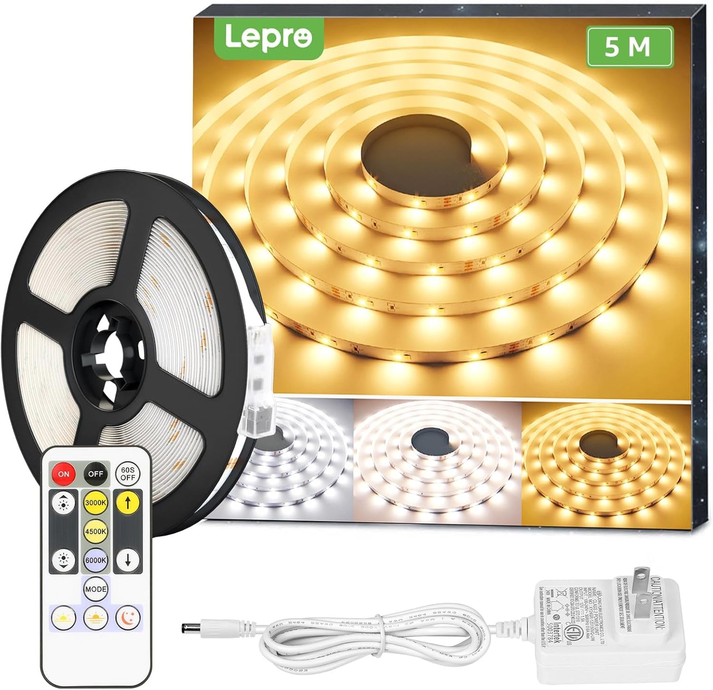 16.4ft Dimmable LED Strip Lights, 3000-6000K Tunable White,300 LEDs SMD 2835 LED Tape Light for Bedroom Home Kitchen, Non-Waterproof