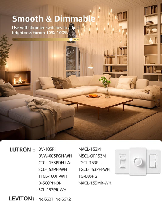 Lepro E12 dimmable filament candle light bulbs, 60W equivalent, warm white 2700K, decorative chandelier bulbs, 6-pack indoor lighting