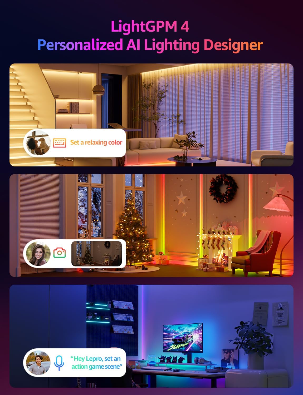 Lepro S1 AI LED Lights, 65.6ft WiFi RGBIC Led Lights Strip for Bedroom, Work with Alexa/Google LED Strip Lights, Music Sync LED Light Strips, Color DIY led Light, LLM Christmas Decorations Lights