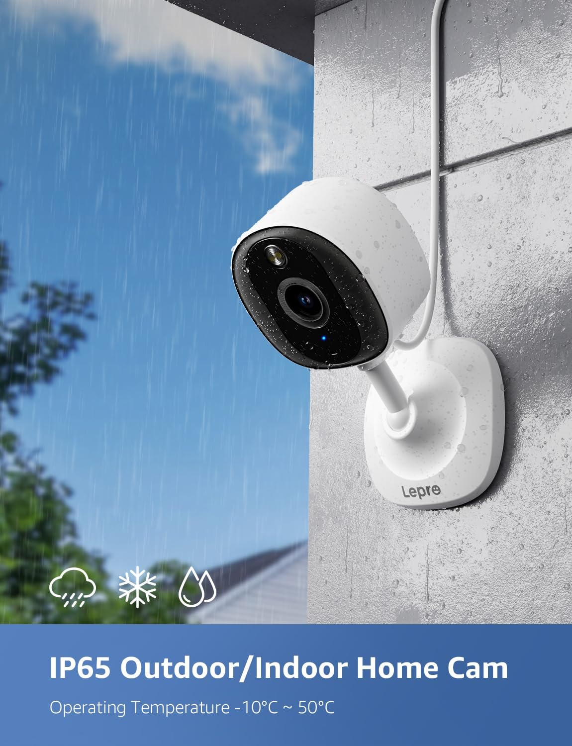 Lepro 2K security camera for indoor/outdoor use with full color night vision, 2-way audio, and remote monitoring features.