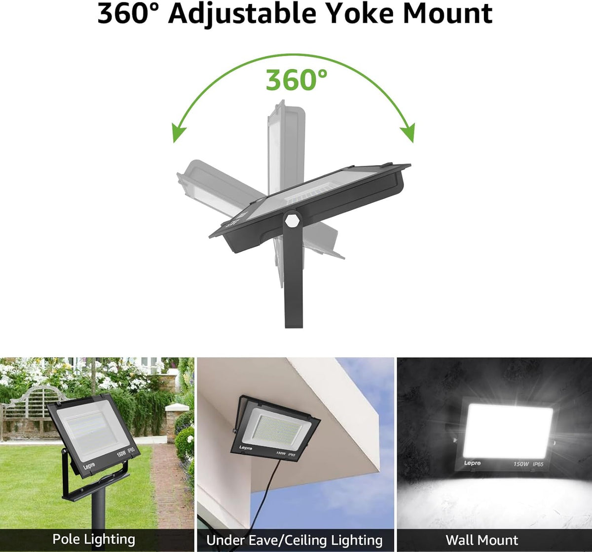 Lepro 150W outdoor LED flood light with 5000K super bright illumination, ideal for yard, garden, driveway, and outdoor areas.
