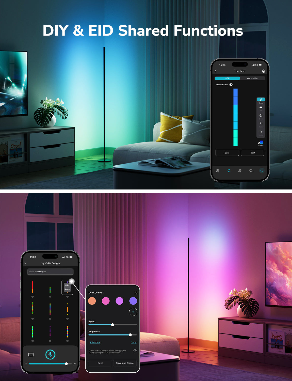 Lepro OE1 AI floor lamp with color-changing LED, modern standing design, smart controls, and music sync for living room or bedroom.