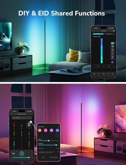 Lepro OE1 AI floor lamp with color-changing LED, modern standing design, smart controls, and music sync for living room or bedroom.