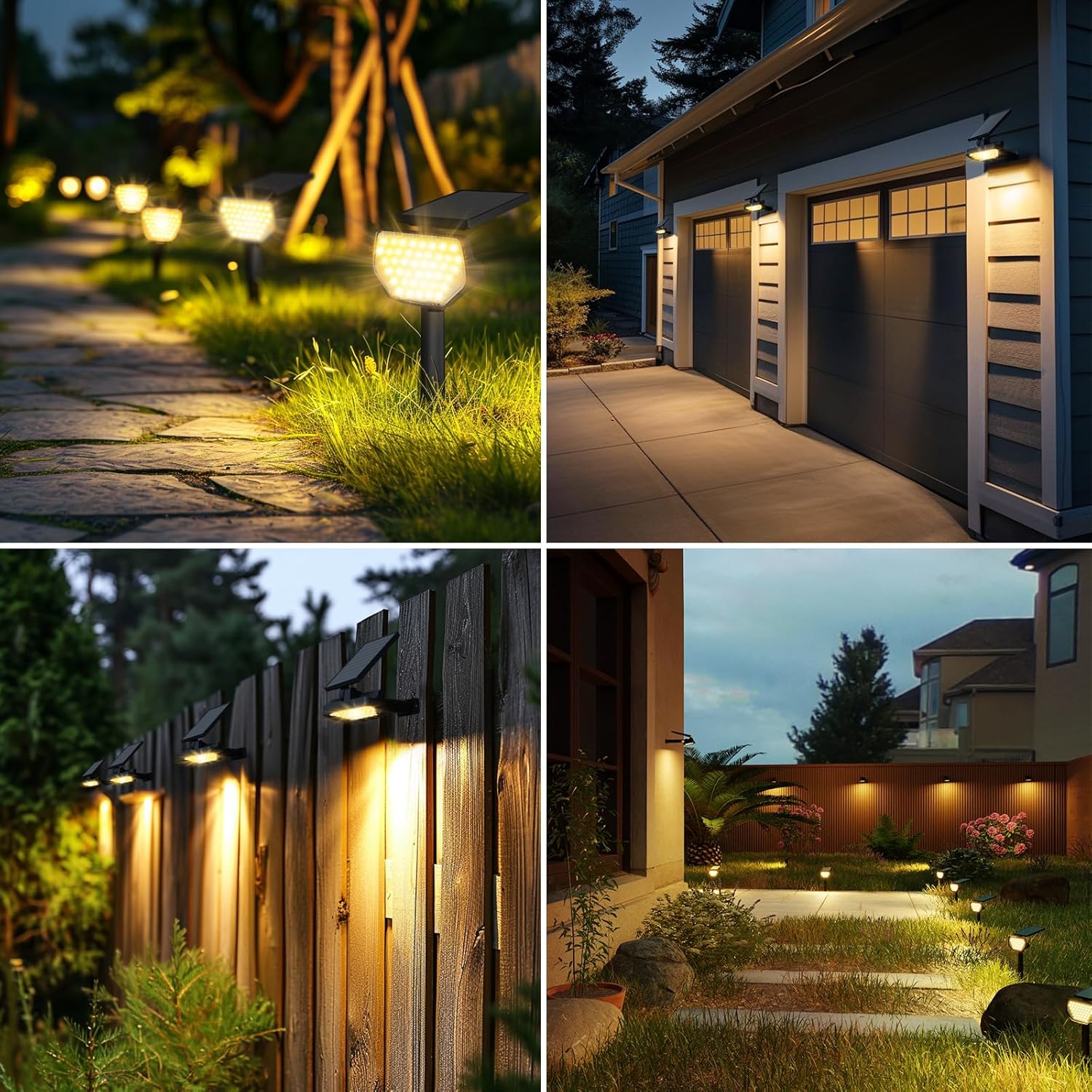 Lepro outdoor solar spotlights with 43 LEDs, warm white 3000K, waterproof IP65, dusk-to-dawn auto on/off for garden and pathway lighting