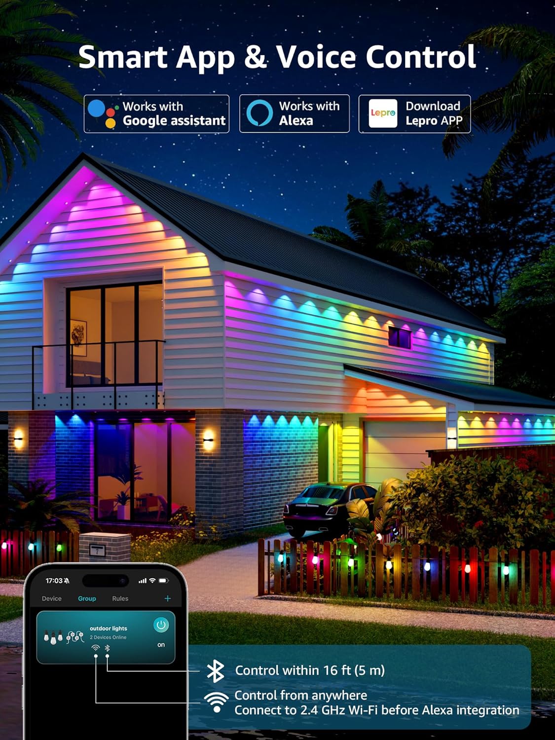 Lepro E1 AI Permanent Outdoor Lights APP Control, 100ft RGB+IC Smart Christmas Lights with 60 Warm/Cool White LED, Alexa Google Enabled Eaves Lights, AI Generated Lighting LLM, NO Remote, 2.4 GHz WiFi