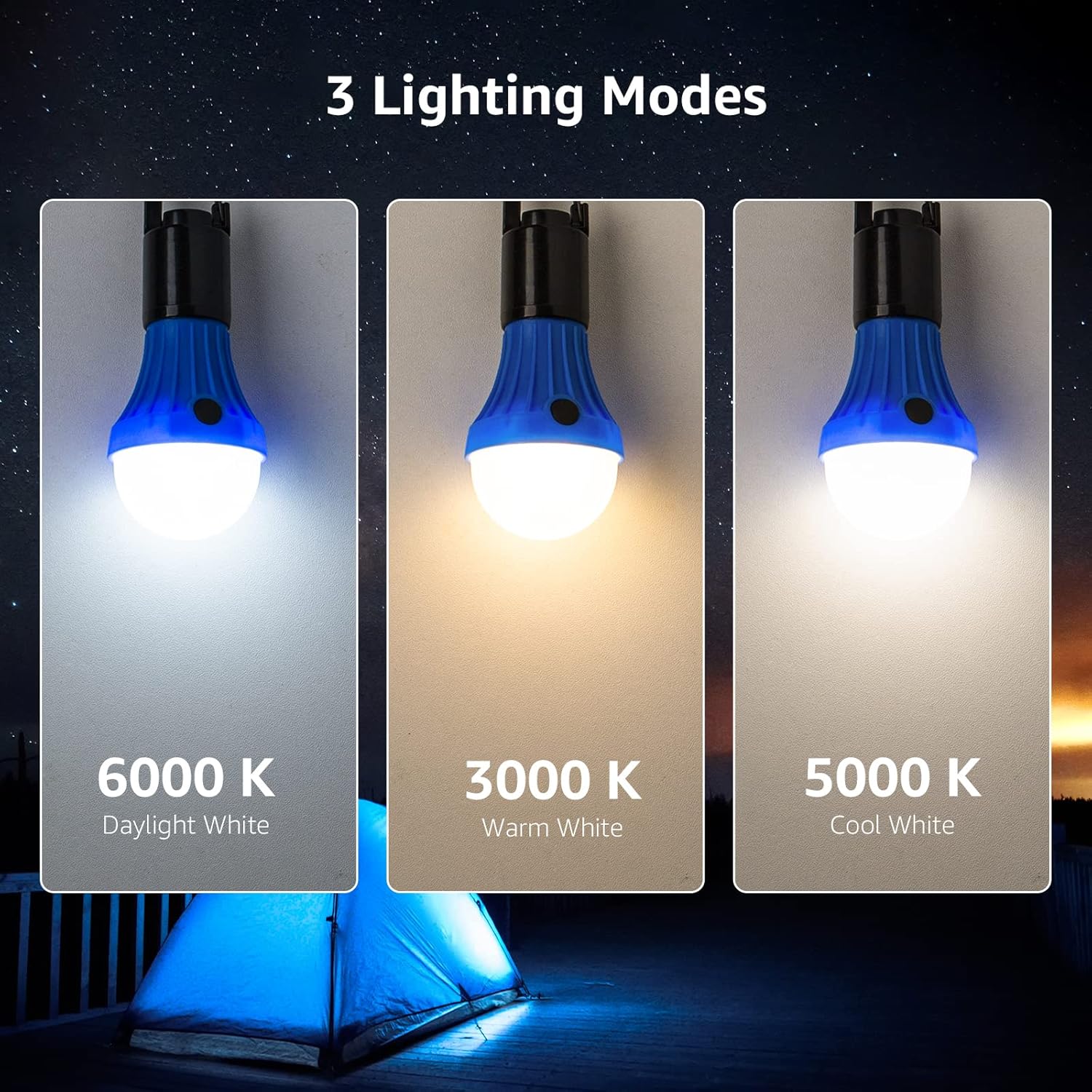 Lepro portable LED tent light with clip hooks, 3 lighting modes, dimmable camping lantern for outdoor and indoor use.