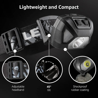 Lepro Headlamp Battery Powered, 1300 Lux Ultra Bright LED Headlights with White Red Light, Head Lamp Flashlight 6 Modes Lightweight Waterproof for Camping Running Cycling Emergency