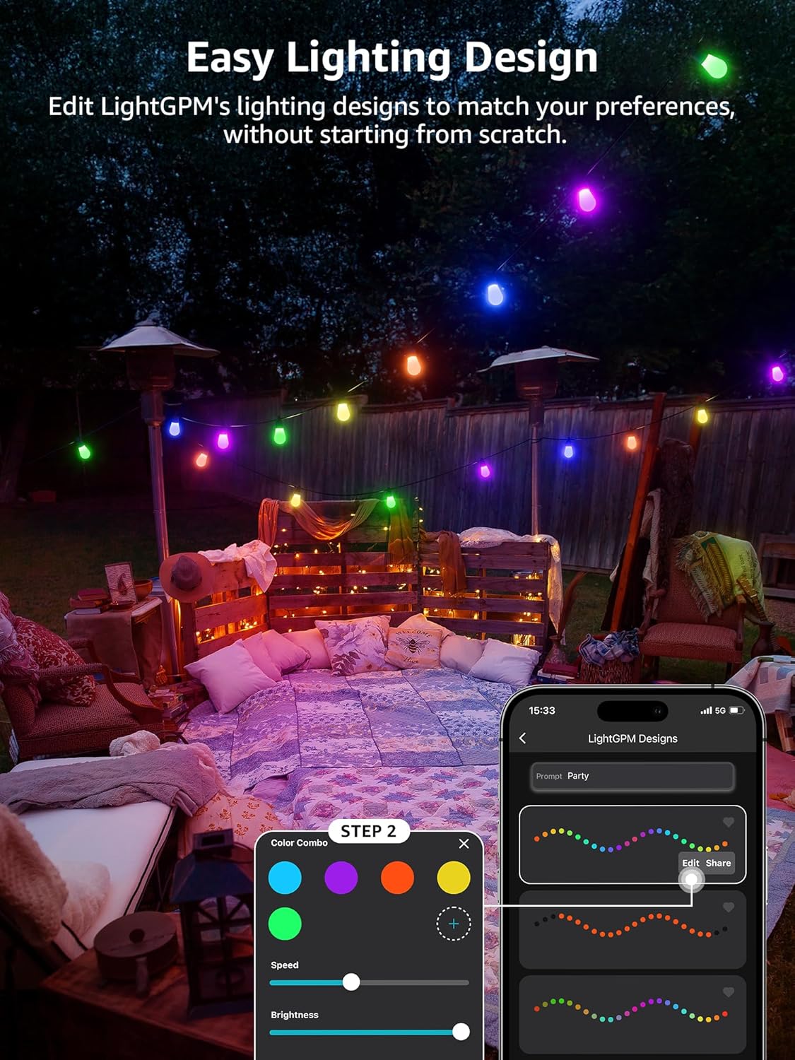 Lepro ZB1 AI Smart String Lights APP Control, 54ft RGB+IC+Warm White Patio Lights 15 LED Bulbs, Alexa Google Enabled Outdoor Lights, AI Generated Lighting LLM, Music Sync, 2.4 GHz WiFi + Bluetooth