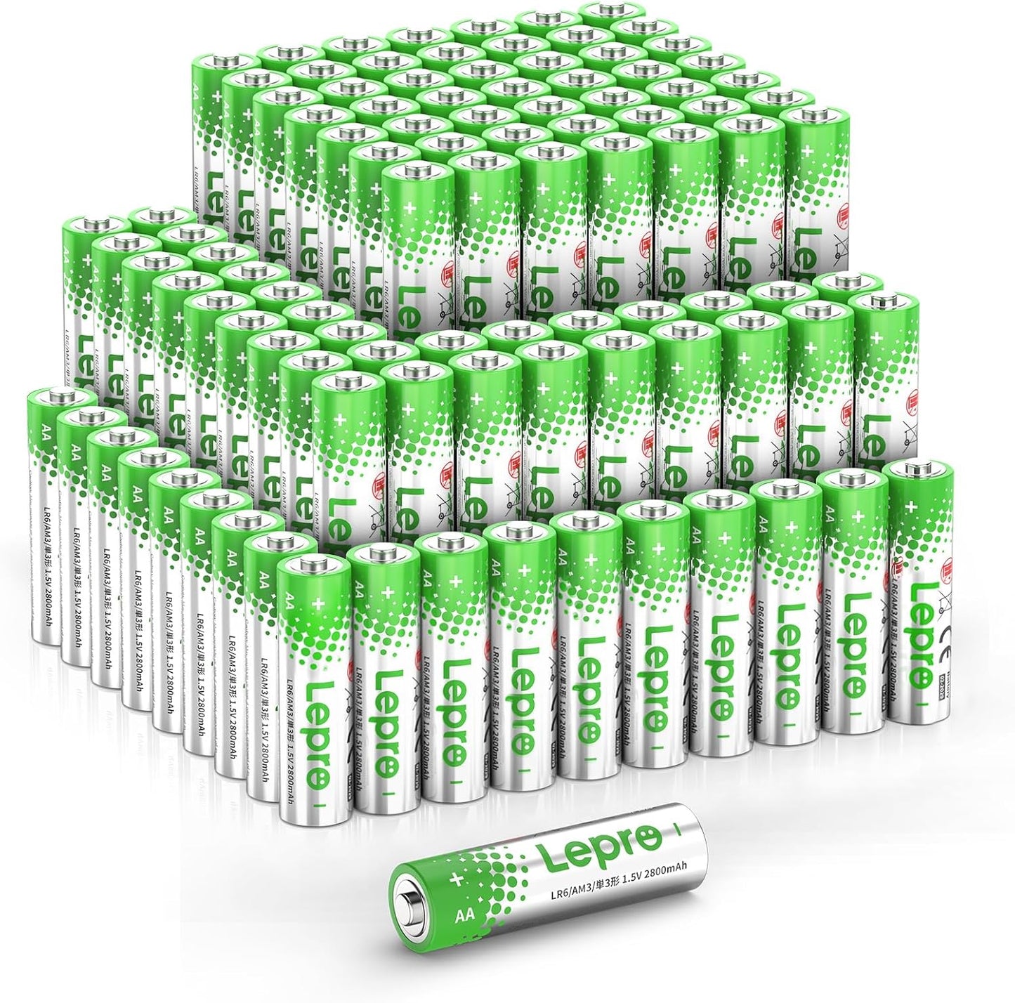 Lepro AA Batteries 100 Count, Double A Alkaline Batteries with Ultra Long-Lasting Power, 1.5 Volt 2800mAh LR6, Holds Power Up to 5 Years, High-Performance, Leak-Proof, Corrosion-Resistant