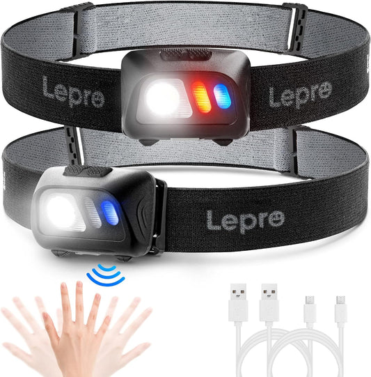 Lepro LED Rechargeable Headlamp with Motion Sensor 2-Pack, Super Bright 1500Lux Head Lamp with 5 Lighting Modes, IPX4 Waterproof Headlamp for Outdoor Camping Hiking Running Backpacking
