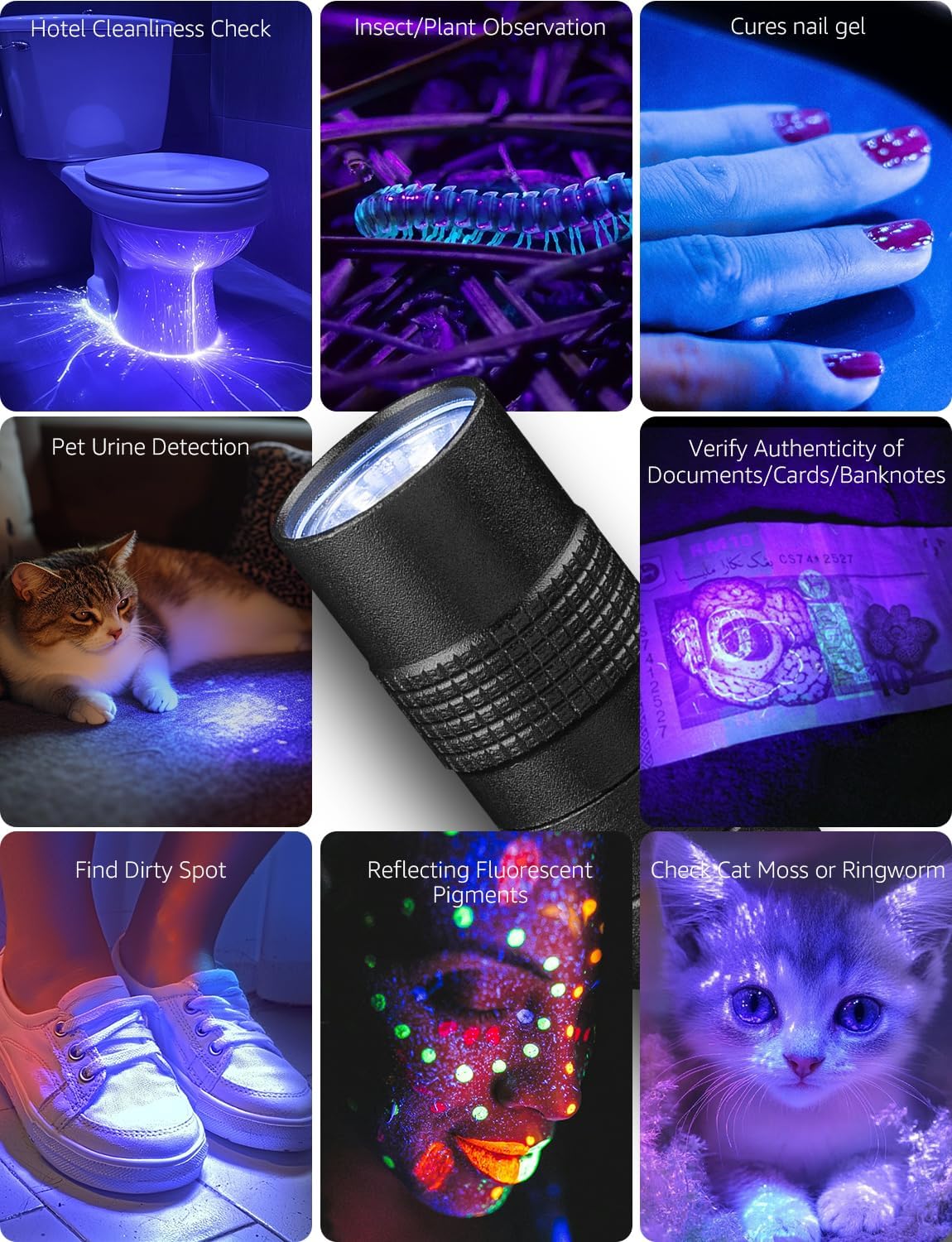Lepro LED UV flashlight pen showing a compact blacklight used for detecting pet stains, bed bugs, and UV-sensitive substances.