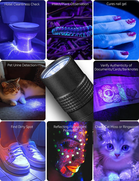 Lepro UV LED flashlight pen showing 365nm ultraviolet light for detecting pet stains, bed bugs, and urine on surfaces.