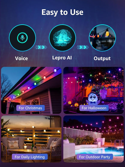 Lepro ZB1 Upgraded Version AI Smart Outdoor String Lights, 100ft RGB+IC Warm White Patio Lights, 30 Dimmable S14 LED Bulbs Outdoor Lights, Works with Alexa/Google, APP Control, 2.4GHz WiFi+Bluetooth, No Remote