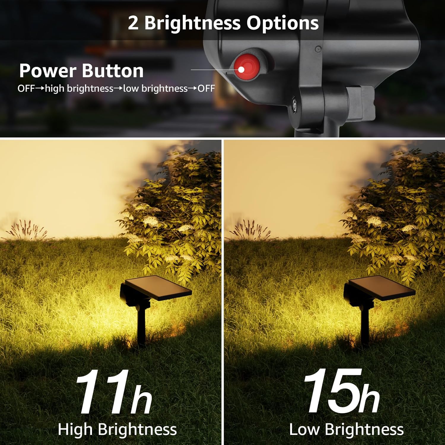 Lepro outdoor solar spotlight with 43 LEDs, warm white 3000K, IP65 waterproof, dusk-to-dawn auto on/off for garden or pathway lighting