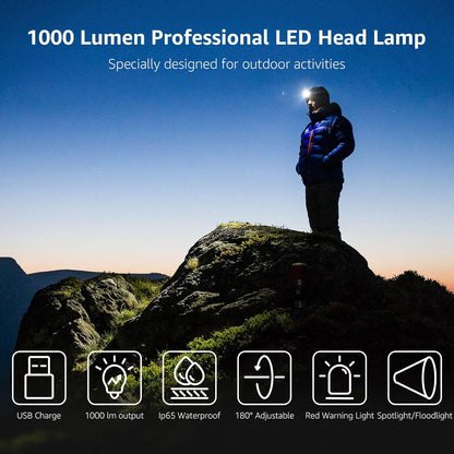 Lepro Rechargeable Headlamp, Super Bright LED Headlight with Red Warning Lights and 6 Modes, Multi-Functional, 1000 Lumens, IP65 Waterproof Headlamp Flashlight for Camping, Running, Hiking, Working