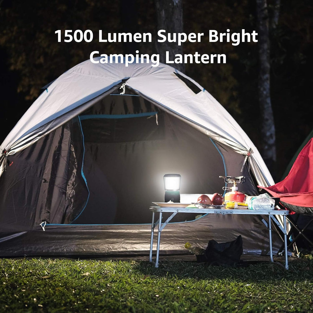 Lepro 1500lm camping lantern with four light modes, waterproof design, powered by three D batteries, ideal for hiking and emergencies.