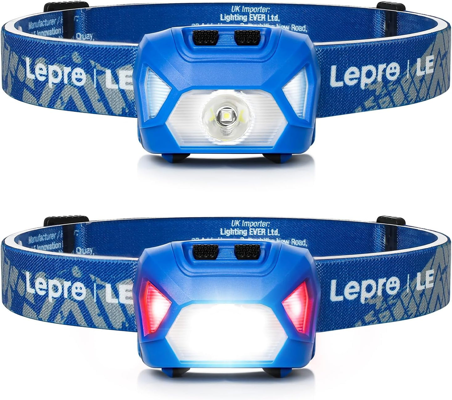 Lepro Headlamp 2-Pack, 1300 Lux Ultra-Light Bright LED Headlights with White Red Light, 6 Modes Battery-Operated Lightweight Waterproof Head Flashlight for Camping Running Cycling Emergency-Blue