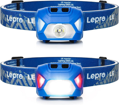 Lepro Headlamp 2-Pack, 1300 Lux Ultra-Light Bright LED Headlights with White Red Light, 6 Modes Battery-Operated Lightweight Waterproof Head Flashlight for Camping Running Cycling Emergency-Blue