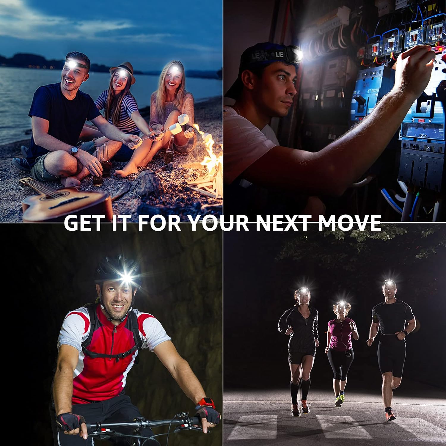 Lepro rechargeable LED headlamp with adjustable headband, five light modes, and USB cable for outdoor camping, hunting, and climbing.