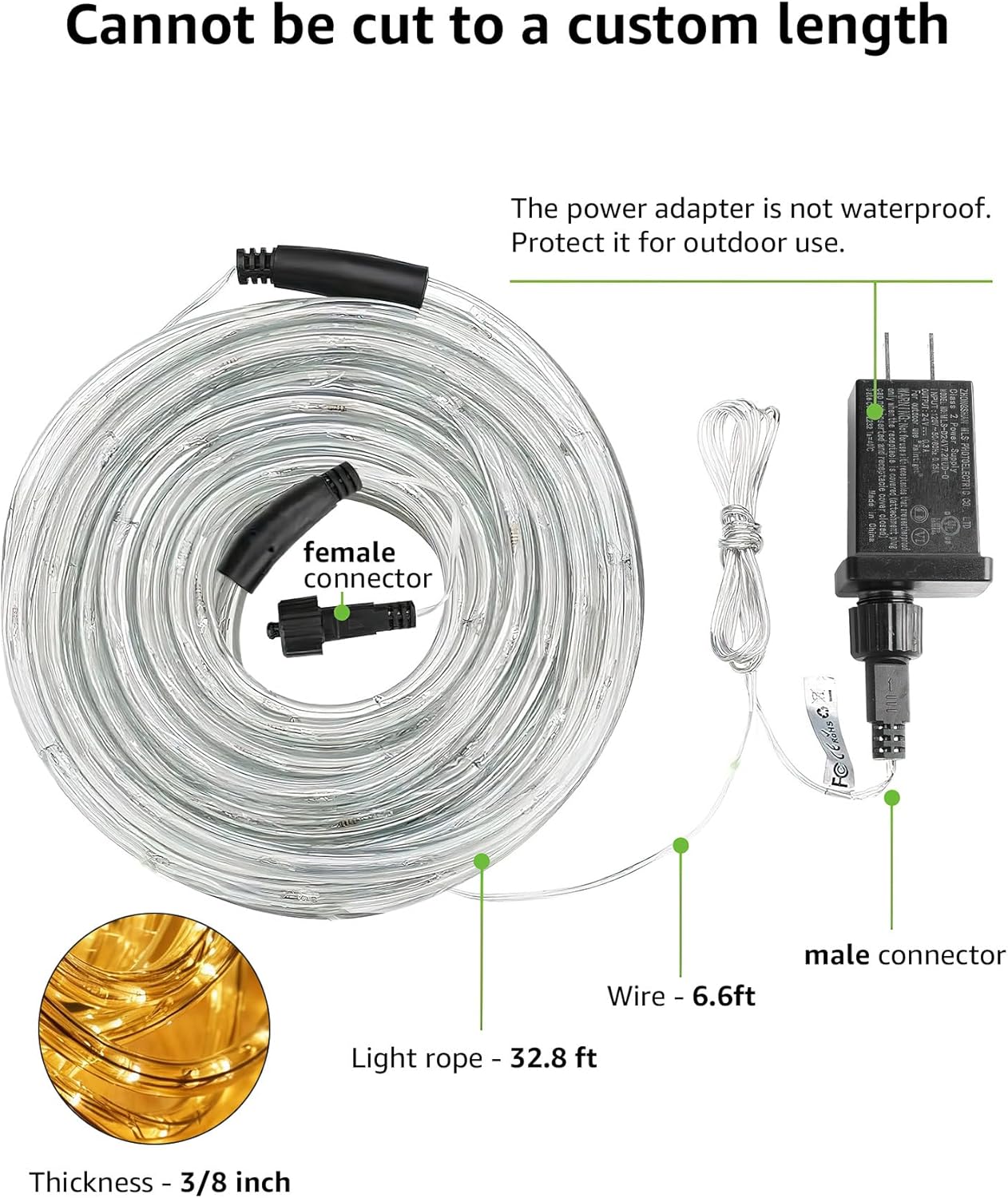 LE Rope String Lights, 24V 32.8ft Waterproof LED String Rope Lights, 240 LEDs Non-dimmable Tube String Lights for Christmas Wedding Festival Party Garden Patio Indoor Outdoor Warm White
