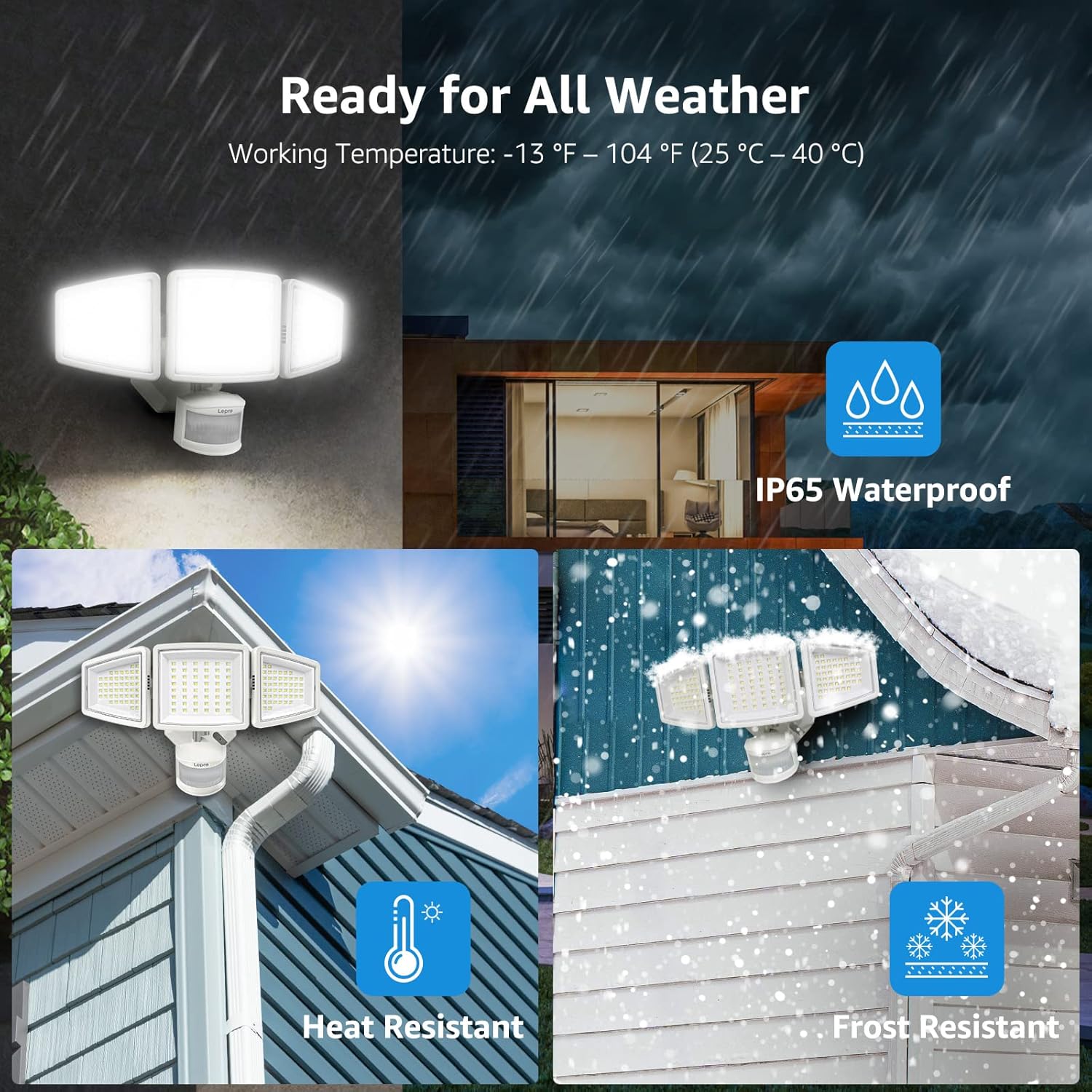 Lepro LED security flood lights with three adjustable heads, outdoor motion sensor, wide 270° lighting, waterproof IP65, white.