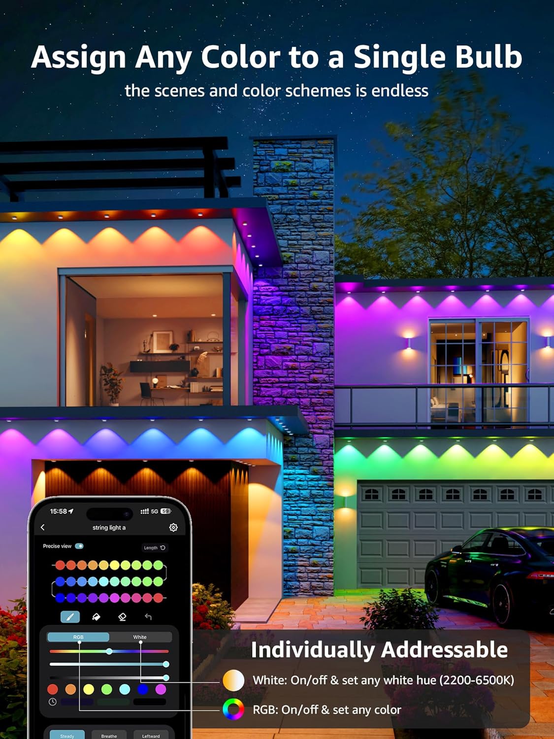 Lepro E1 AI Permanent Outdoor Lights APP Control, 50ft RGB+IC Smart Christmas Lights with 30 Warm/Cool White LED, Alexa Google Enabled Eaves Lights, AI Generated Lighting LLM, NO Remote, 2.4 GHz WiFi