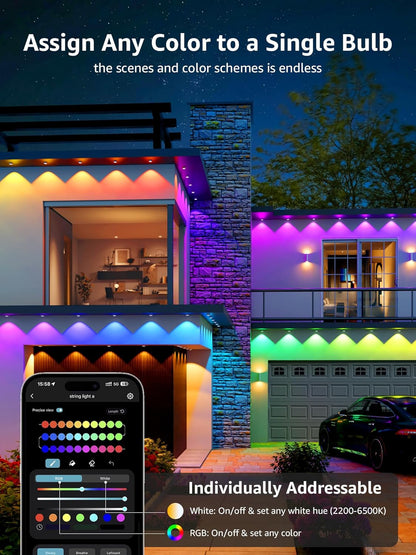 Lepro E1 AI Permanent Outdoor Lights APP Control, 50ft RGB+IC Smart Christmas Lights with 30 Warm/Cool White LED, Alexa Google Enabled Eaves Lights, AI Generated Lighting LLM, NO Remote, 2.4 GHz WiFi