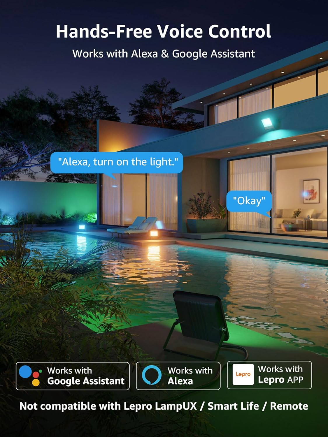 Lepro F2 AI Smart LED Flood Light 30W, Outdoor Color Changing Landscape Lights 2700LM, 2700K RGBW App Control Floodlights, Music Sync, Work with Alexa&Google, IP65 Waterproof, US Plug