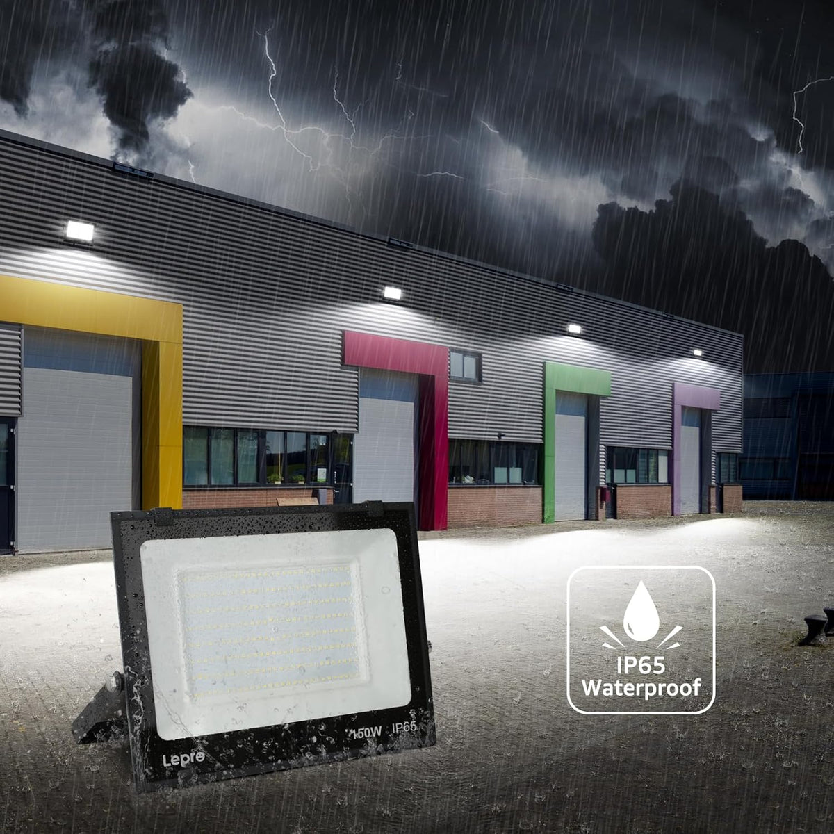 Lepro 150W outdoor LED flood light with 5000K daylight color, 15,000 lumens, bright outdoor lighting for yard, garden, and driveway.
