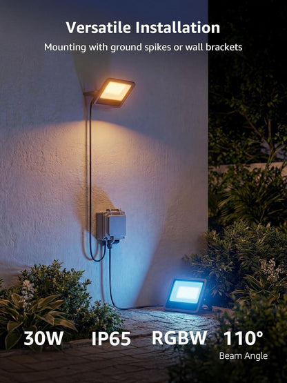 Lepro F2 AI Smart LED Flood Light 30W, Outdoor Color Changing Landscape Lights 2700LM, 2700K RGBW App Control Floodlights, Music Sync, Work with Alexa&Google, IP65 Waterproof, US Plug