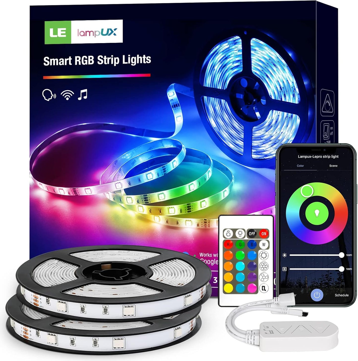 Lepro 32.8ft RGB LED light strip with 16 million colors, smart sync with music, app control, ideal for bedroom, home, TV, party