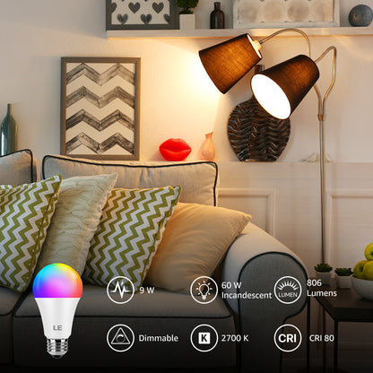 Lepro RGB LED Light Bulb, A19 E26 9W RGBW Color Changing Light Bulbs with Remote Control 60W Equivalent, Memory Function Dimmable LED Bulb for Home Decor, Stage, Party, 4 Packs