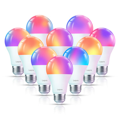 A group of Lepre smart LED light bulbs arranged in a cluster on a clean white background, each showing a colorful gradient glow in shades of pink, orange, yellow, blue, and purple.