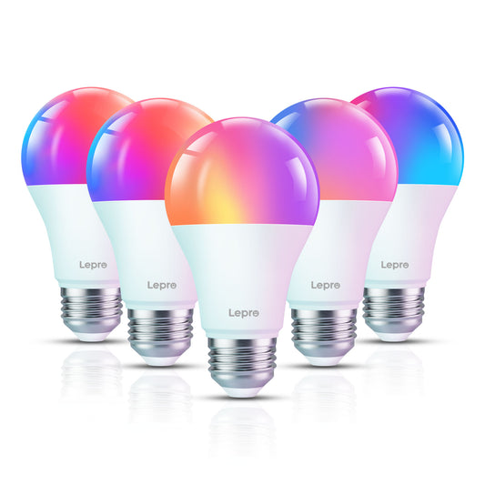Five Lepro smart LED light bulbs arranged in a fan shape on a white background, showcasing their colorful gradient light heads in pink, purple, blue, and orange.