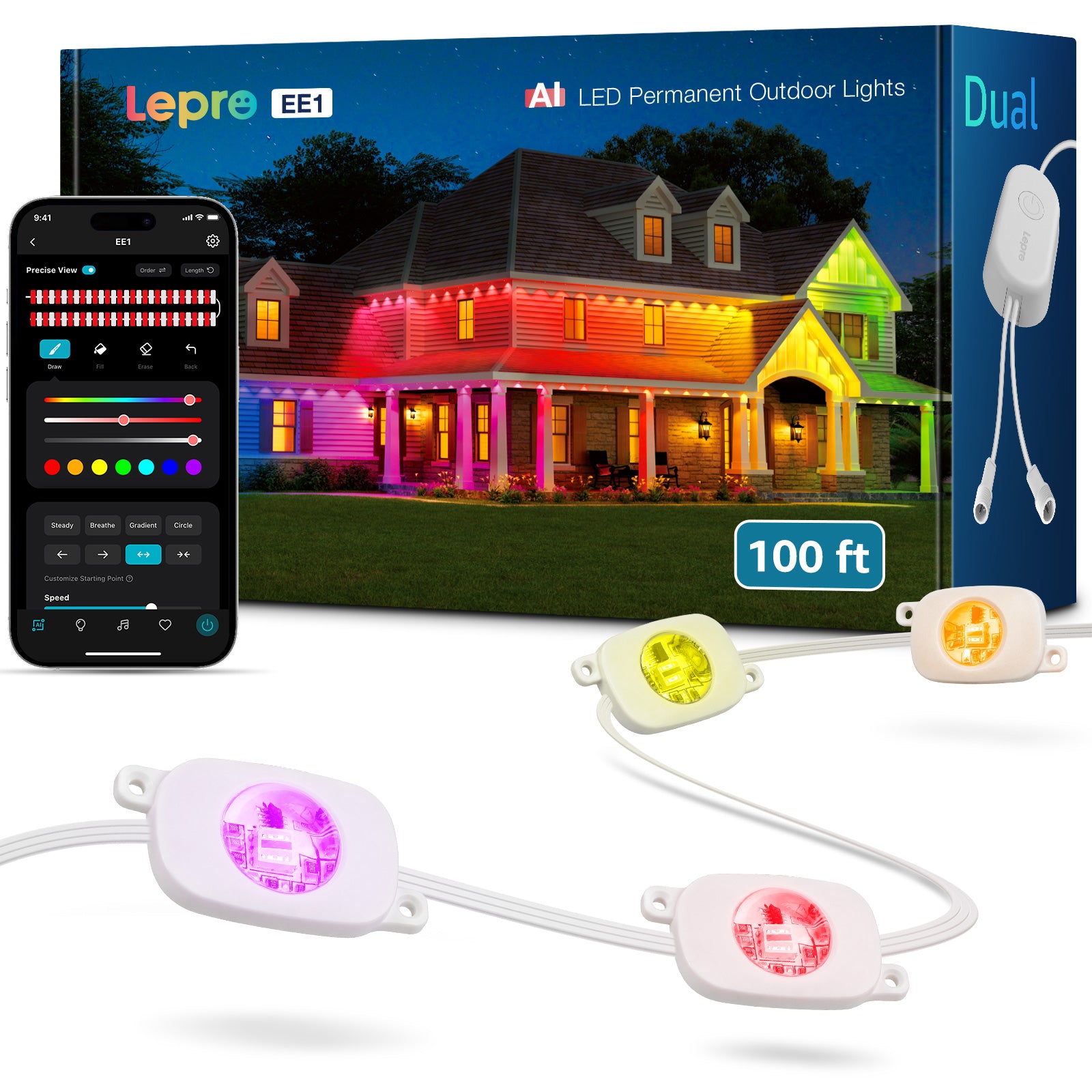 Lepro EE1 AI outdoor lighting strip, 100ft length, flexible LED lights for outdoor decoration and illumination.