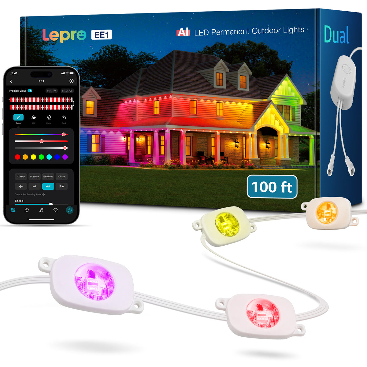 Lepro EE1 AI outdoor lighting strip, 100ft length, flexible LED lights for outdoor decoration and illumination.