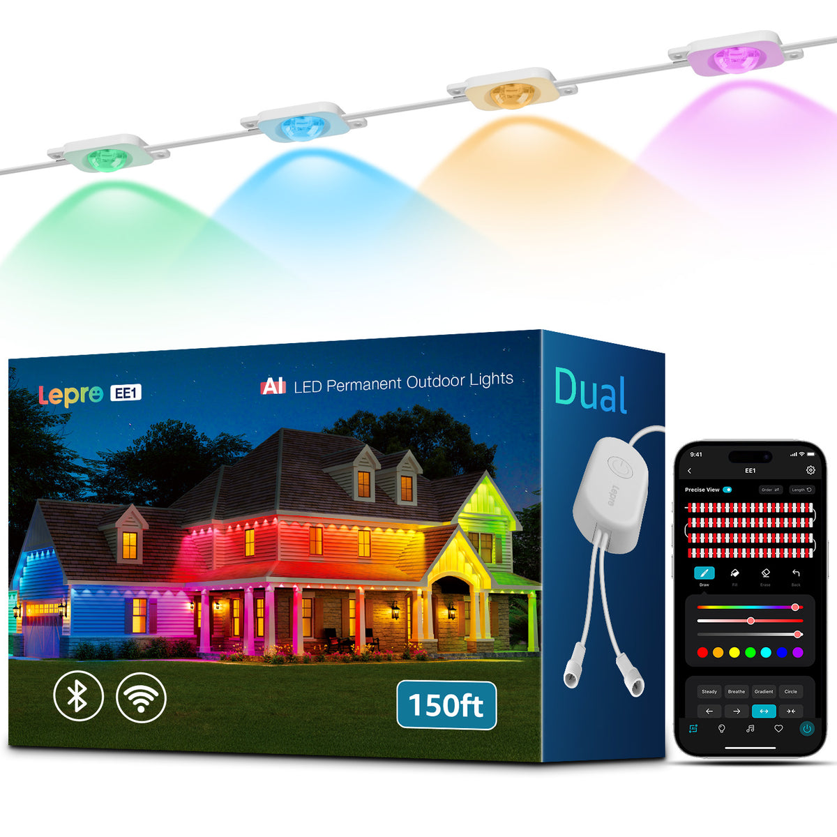Lepro EE1 AI outdoor string lights, 150ft length, with warm LED bulbs hanging outdoors on a patio.