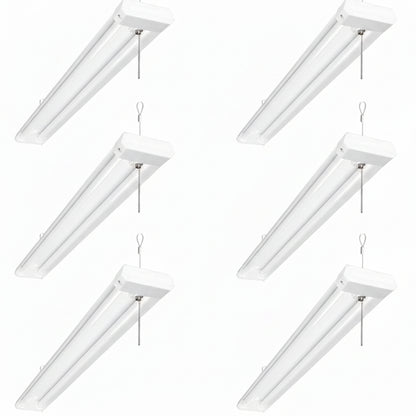 Lepro 6-pack 4ft LED shop lights, 4200 lumens, daylight white, ceiling mount with pull chain for garage or workshop lighting.