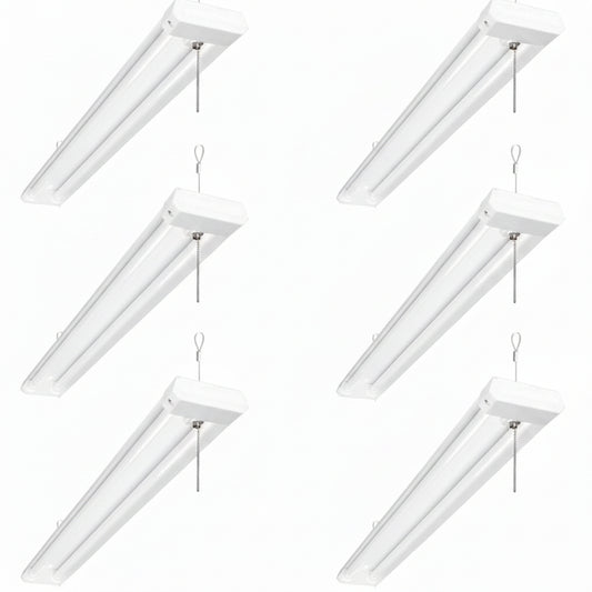 Lepro 6-pack 4ft LED shop lights, 4200 lumens, daylight white, ceiling mount with pull chain for garage or workshop lighting.