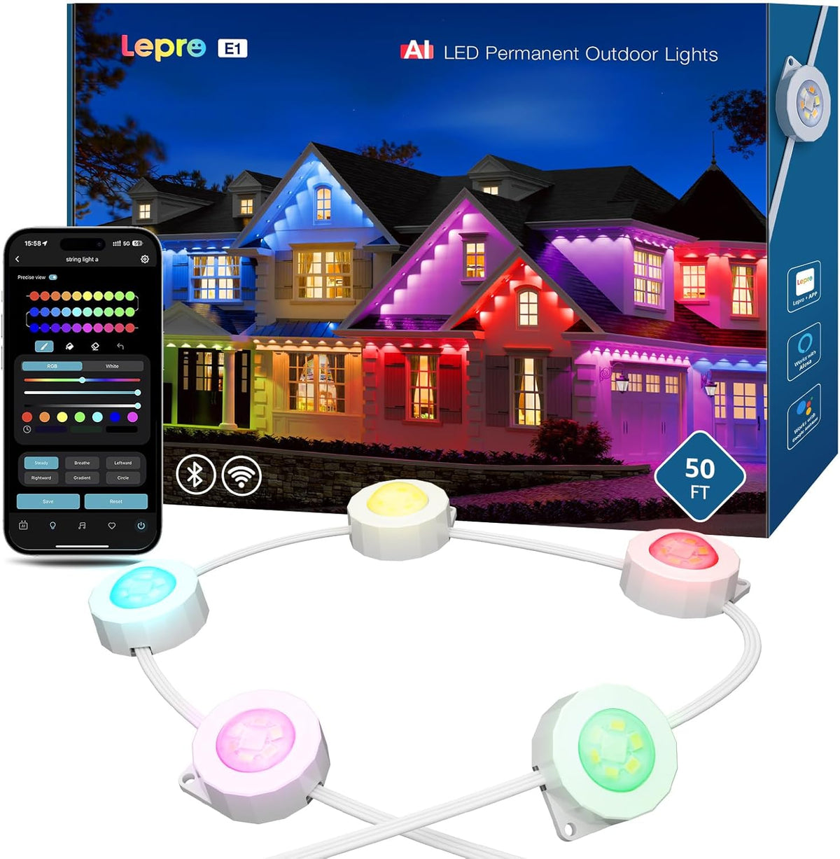 Lepro E1 AI outdoor smart Christmas lights, 50ft RGB+IC with white LEDs, WiFi control, Alexa Google compatible, eaves lighting.