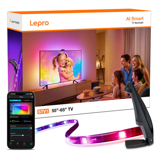 Lepro STV1 AI Smart TV backlight strip with WiFi, fish-eye correction, voice and app control, LED lighting for indoor TVs.